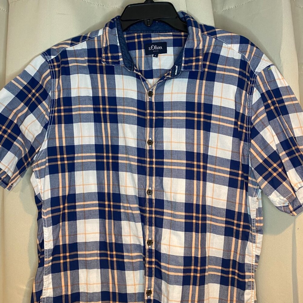 S.OLIVER DENIM MENS PLAID BUTTON DOWN SHORT SLEEVE COTTON COLLARED SHIRT